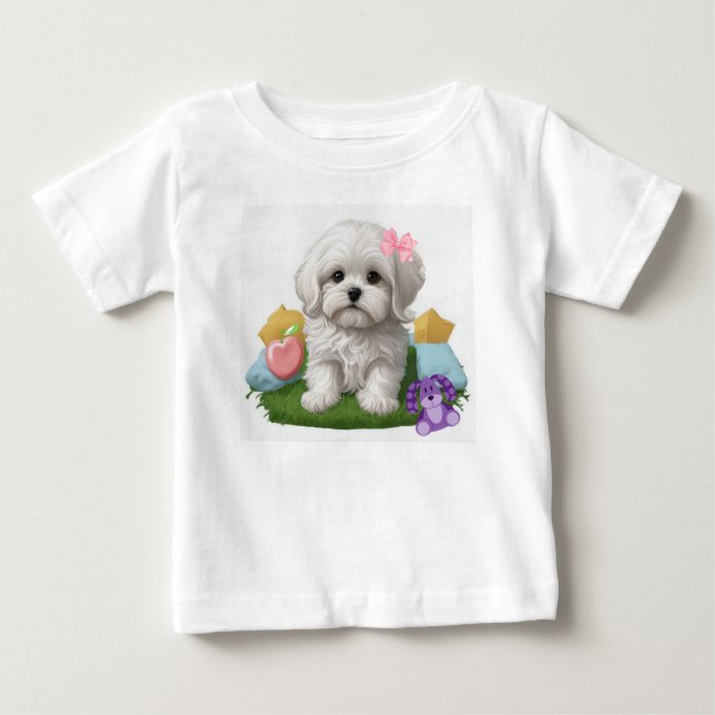 Camiseta De Bebé Cachorros malteses sentados con sus juguetes (Anverso)
