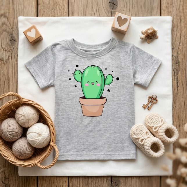 Camiseta De Bebé Cactus bebé Kawaii sonriente en jarrón con estrell (Cute smiling Kawaii Baby Cactus in vase with stars. Baby Basic Grey T-Shirt)
