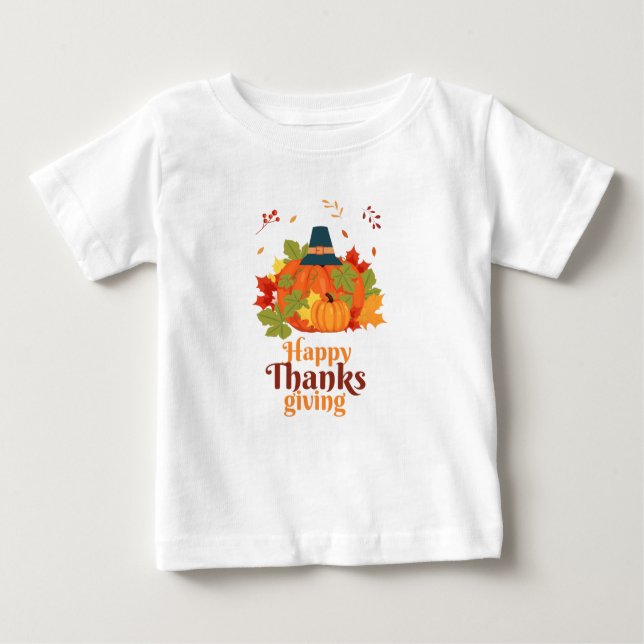 Camiseta De Bebé Calabaza feliz de Acción de Gracias con Gorras y h (Anverso)