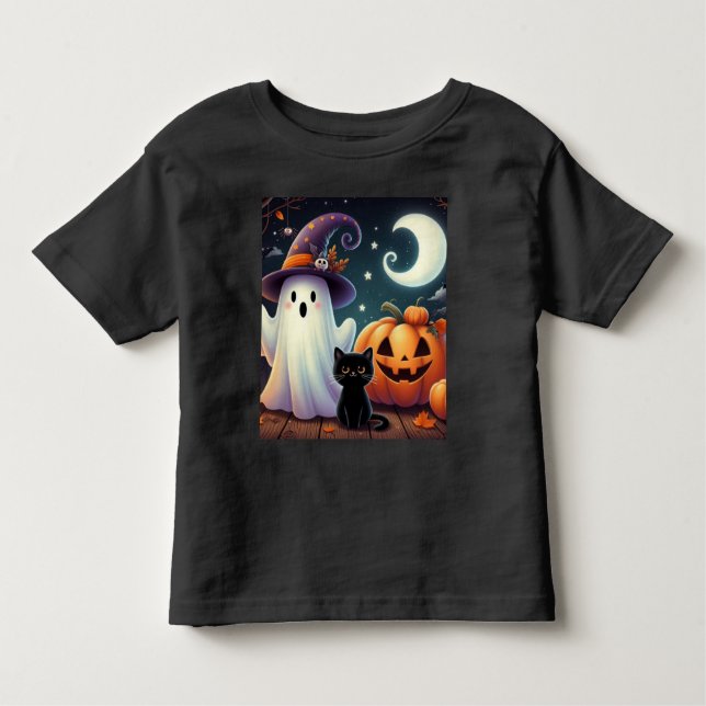 Camiseta De Bebé Calabaza, gato y fantasma de Halloween. (Anverso)