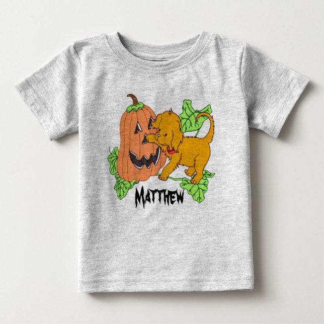 Camiseta De Bebé Calabaza Y Cachorro De Halloween Personalizados (Anverso)