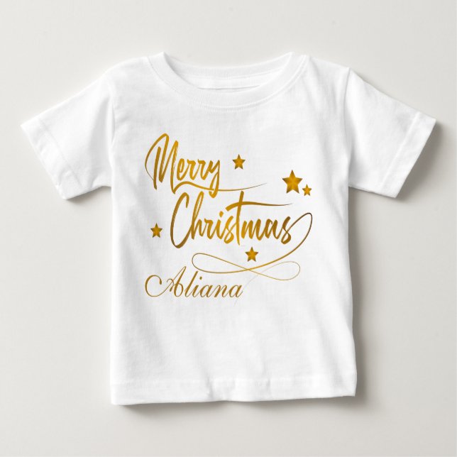 Camiseta De Bebé Caligrafía dorada Feliz Navidad personalizada (Anverso)