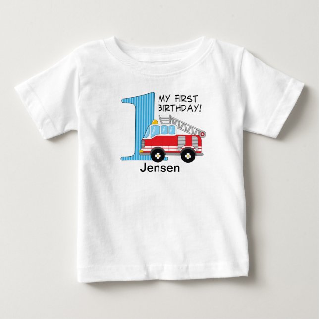 Camiseta De Bebé Camión de bomberos azul/rojo de 1er cumpleaños (Anverso)