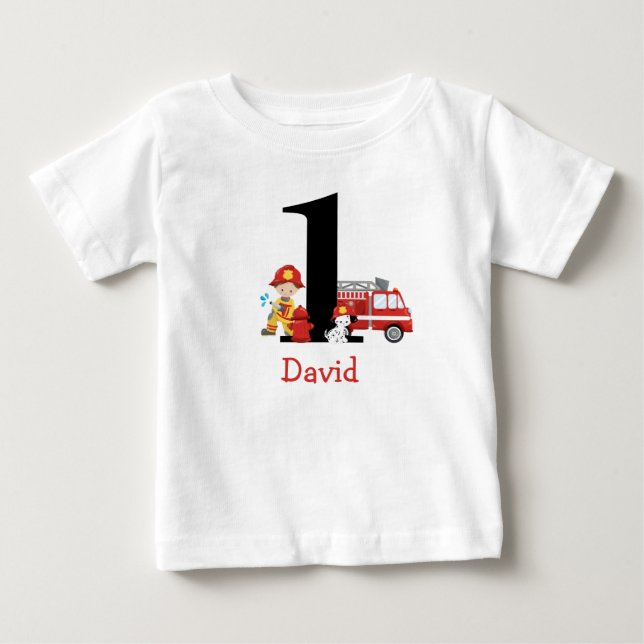 Camiseta De Bebé Camión de bomberos de bomberos de primer cumpleaño (Anverso)
