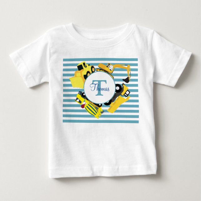 Camiseta De Bebé Camiones de construcción Bandas azules Monograma (Anverso)