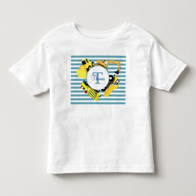 Camiseta De Bebé Camiones de construcción Bandas azules Monograma (Anverso)