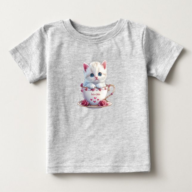 Camiseta De Bebé Camiseta bebé Flores Rosas Gatito en Taza (Anverso)
