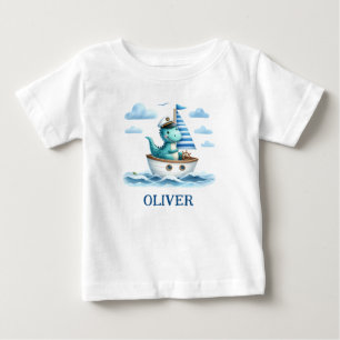 Camiseta De Bebé Capitán Náutico de Dinosaurio Lindo Personalizado