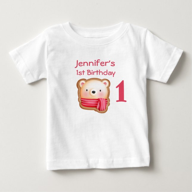 Camiseta De Bebé Cara de oso lindo en un cumpleaños de bufanda roja (Anverso)