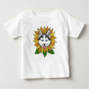 Camiseta De Bebé Cara de perro Husky Siberiano en un girasol