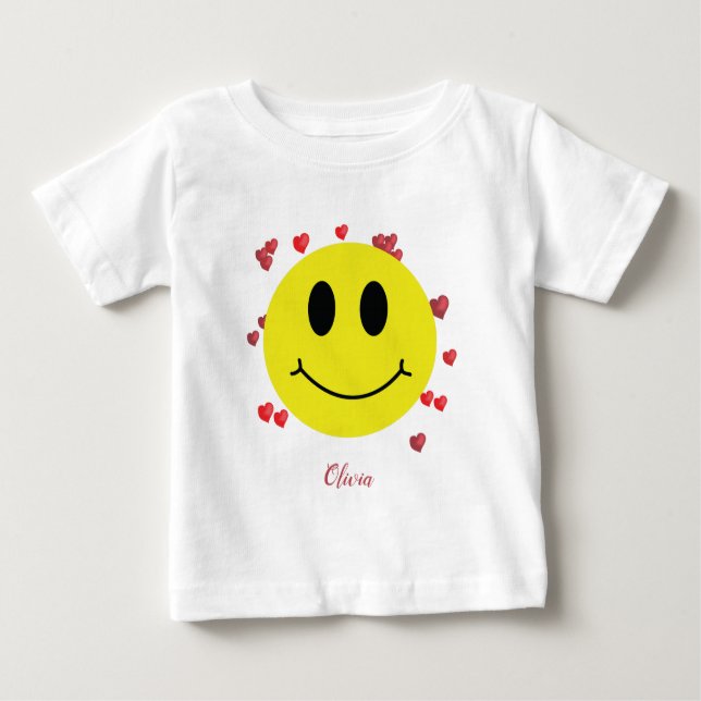 Camiseta De Bebé Cara sonriente con corazones rojos personalizada (Anverso)