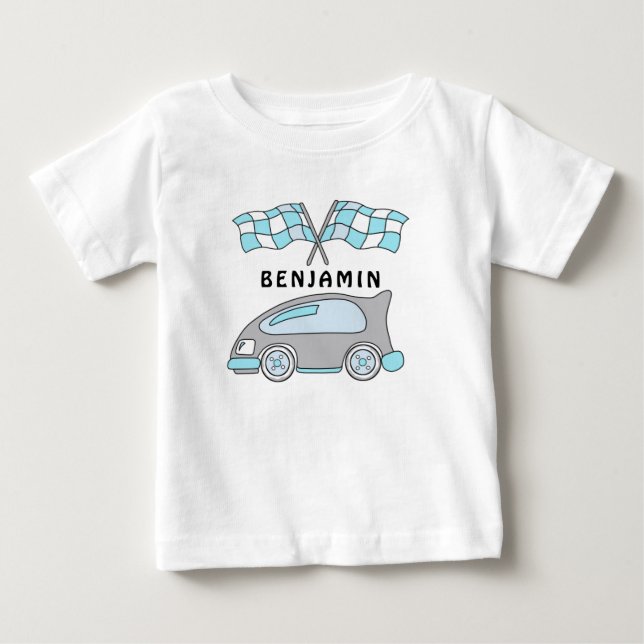 Camiseta De Bebé Carro de raza y banderas nombre de niño bebé (Anverso)