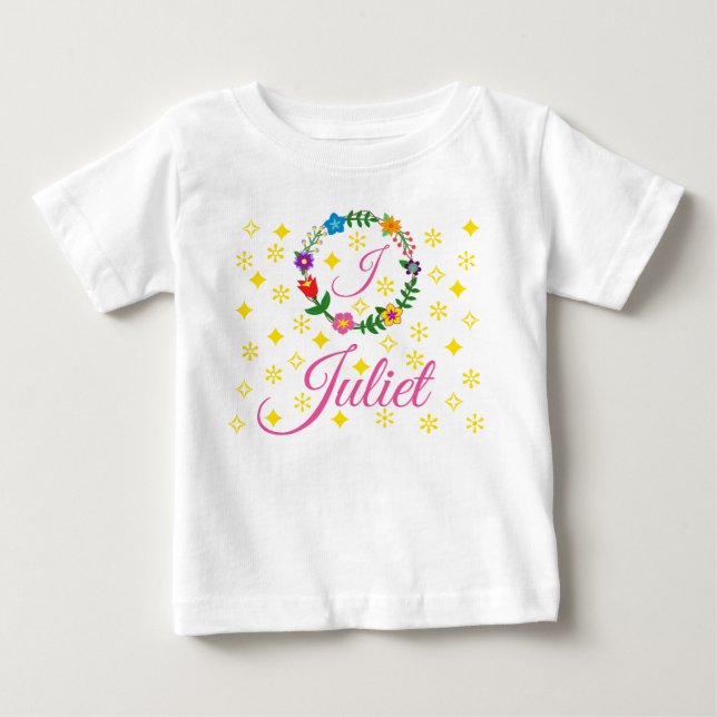 Camiseta De Bebé Carta J, Juliet, Tee, Flores y Estrellas (Anverso)
