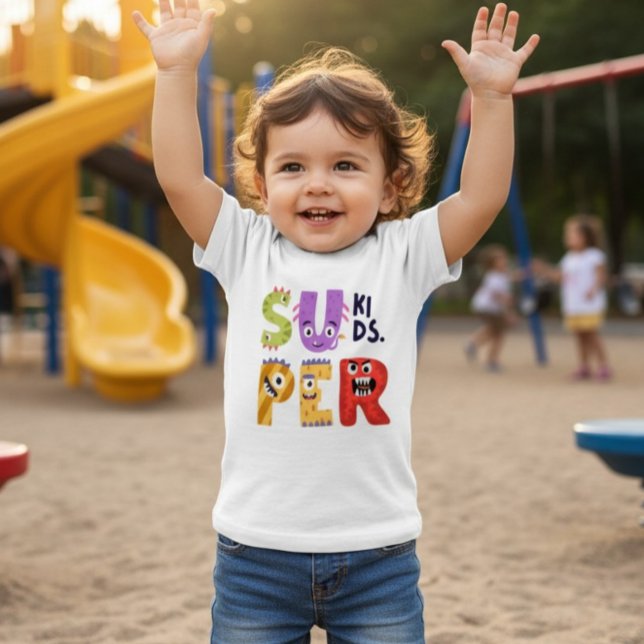 Camiseta De Bebé Cartas de Monstruo Divertidas 'Super Niños'  (Subido por el creador)