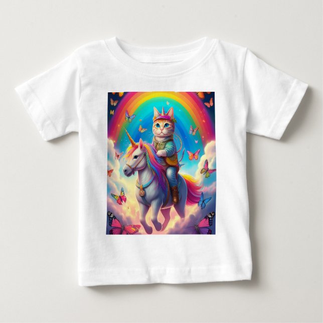 Camiseta De Bebé Cat Riding Unicorn with Rainbows and Butterflies (Anverso)