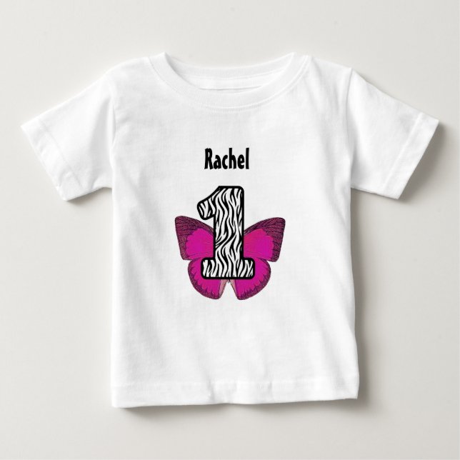 Camiseta De Bebé Cebra de 1 año y mariposa V01 del primer (Anverso)