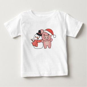Camiseta De Bebé Cerdo Con Snowman En Invierno Para Navidades