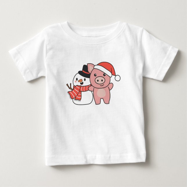 Camiseta De Bebé Cerdo Con Snowman En Invierno Para Navidades (Anverso)