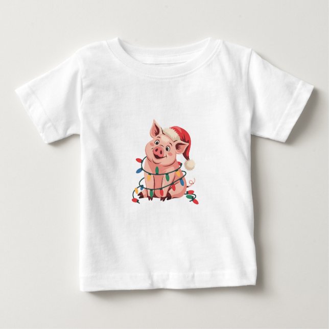 Camiseta De Bebé Cerdo de luces de Navidad que lleva sombrero de Na (Anverso)