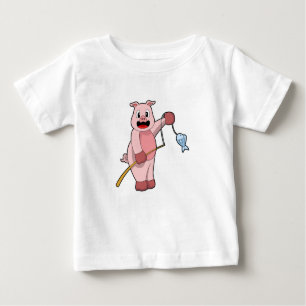 Camiseta De Bebé Cerdo en pesca con caña y pescado