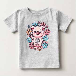 Camiseta De Bebé Cerdo lindo con signo de paz y flores temáticas de
