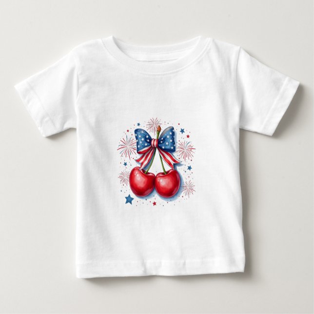 Camiseta De Bebé Cerezas con Coquette Bow 4 de Julio Americano (Anverso)