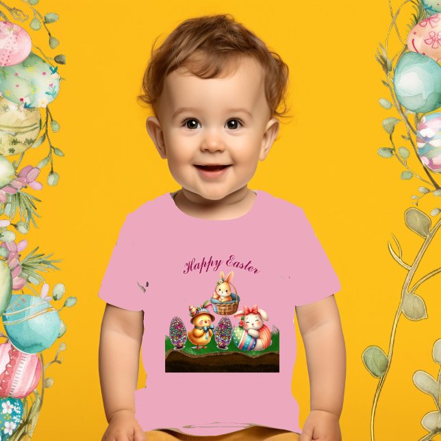 Camiseta De Bebé Cesta de Huevos de Conejo de Chick Rabbit Happy Ea (Happy Easter Baby Animals Chick Rabbit Eggs Basket Baby T-Shirt)