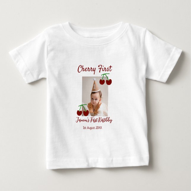 Camiseta De Bebé Cherry primer feliz cumpleaños foto niños rojo mod (Anverso)