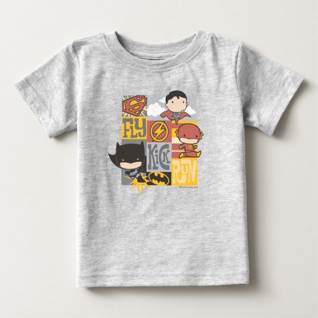 Camiseta De Bebé Chibi Justice League | Volar, Patinar, Correr (Anverso)
