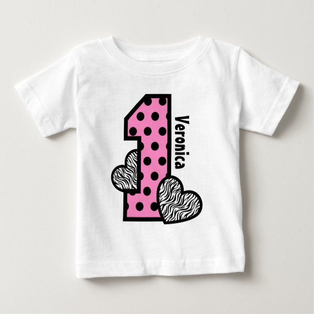 Camiseta De Bebé CHICA 1ᵉʳ cumpleaños PINK Polka Dots Zebra Hearts (Anverso)