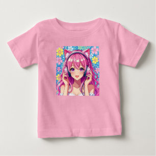 Camiseta De Bebé Chica anime rosa linda con auriculares  