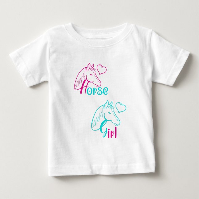 Camiseta De Bebé Chica Caballo en Rosa y Turquesa (Anverso)