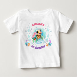 Camiseta De Bebé Chica colorida de tortuga marina de Cute 1 cumplea