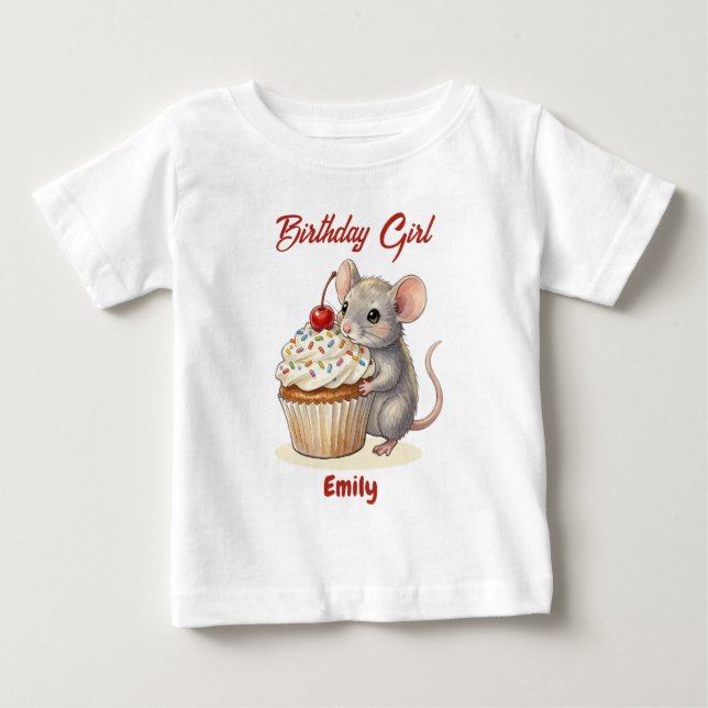 Camiseta De Bebé Chica Cumpleañera Personalizada | Ratón y Cupcake  (Anverso)