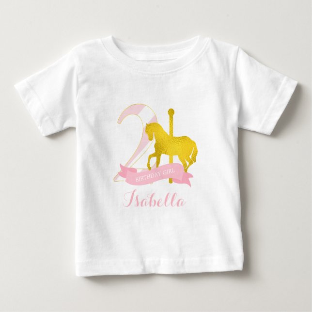 Camiseta De Bebé Chica de cumpleaños de caballo de carrusel rosa (Anverso)