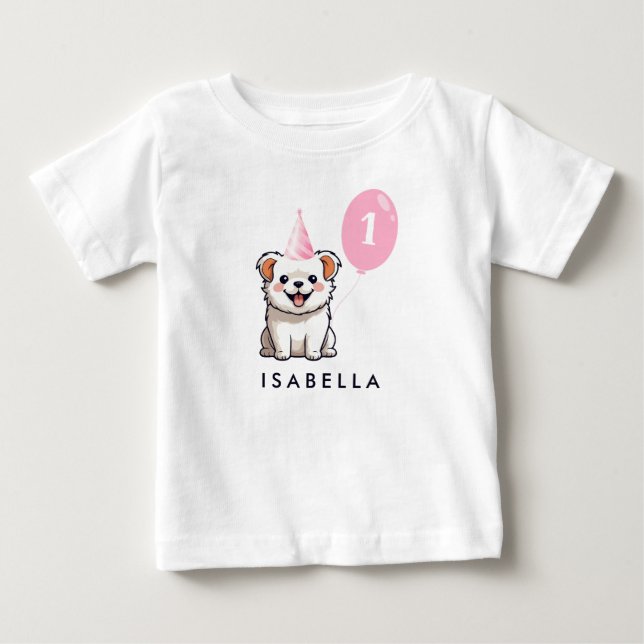 Camiseta De Bebé Chica de cumpleaños de cachorro lindo globo rosa (Anverso)
