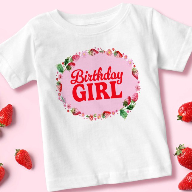 Camiseta De Bebé Chica de cumpleaños de fresa rosa y rojo (Strawberry Birthday Girl Pink and Red Baby T-Shirt)