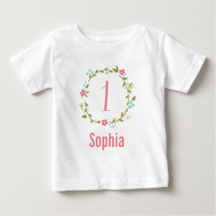 Camiseta De Bebé Chica de floral Wreath primer cumpleaños personali