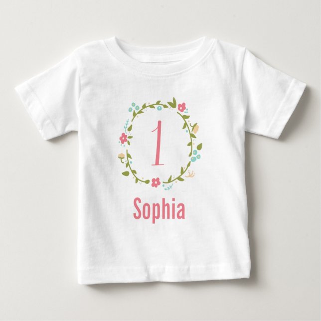Camiseta De Bebé Chica de floral Wreath primer cumpleaños personali (Anverso)