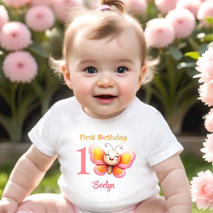 Camiseta De Bebé Chica de nombre floral rosado de mariposa cúpula P