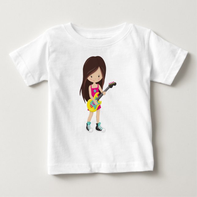 Camiseta De Bebé Chica de Rock, Cabello Castaño, Guitarrista, Banda (Anverso)