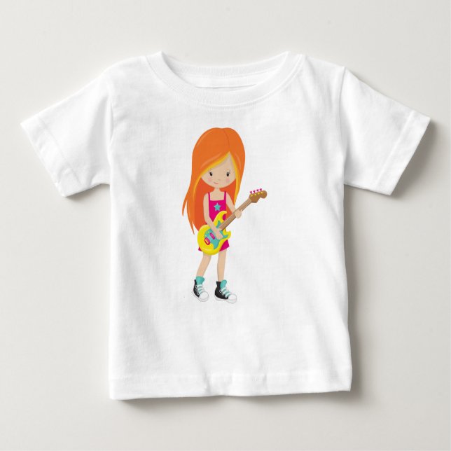 Camiseta De Bebé Chica de Rock, Cabello Naranja, Guitarrista, Banda (Anverso)