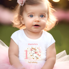 Camiseta De Bebé Chica de Unicornio Rosado Primer cumpleaños Nombra
