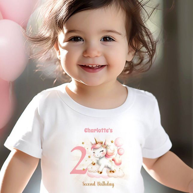 Camiseta De Bebé Chica de Unicornio Rosado Segundo cumpleaños Nombr (Pink Unicorn Girl 2nd Birthday Name Baby T-Shirt)