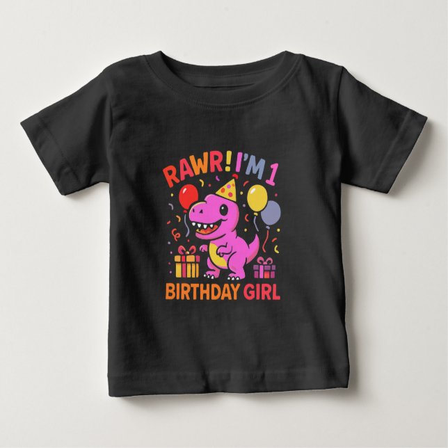 Camiseta De Bebé Chica del primer cumpleaños de Cute Dinosaur (Anverso)