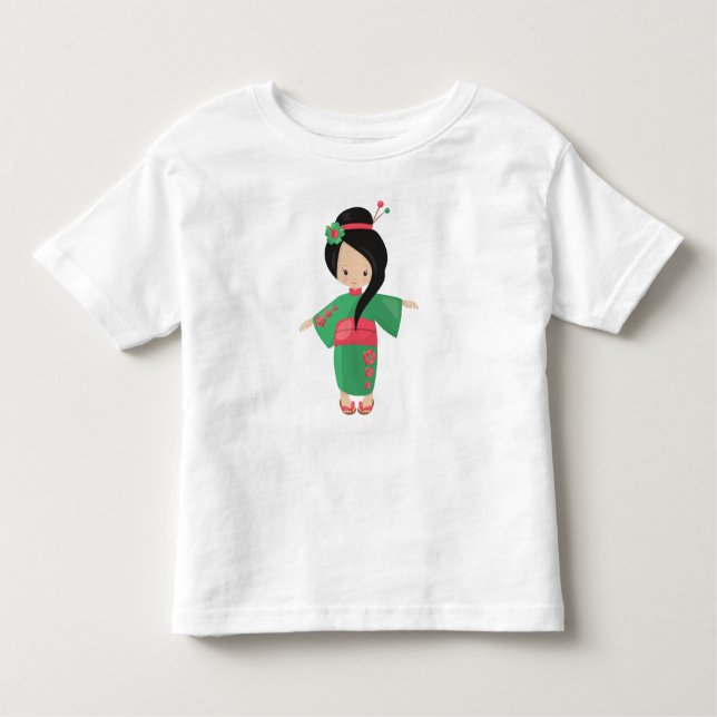 Camiseta De Bebé Chica japonés, Japón, Chica íntimo, Kimono verde (Anverso)