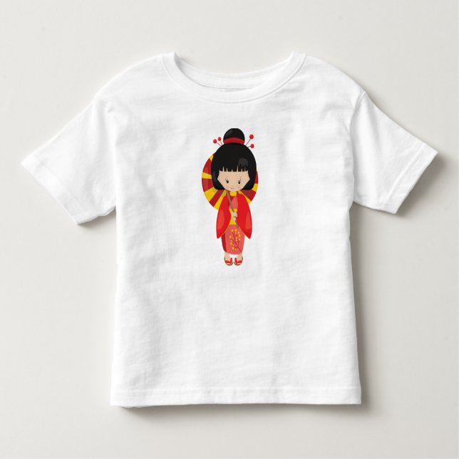 Camiseta De Bebé Chica Japonesa, Japón, Chica Guapa, Kimono Rojo (Anverso)