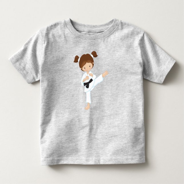 Camiseta De Bebé Chica Karate, Chica Cute, Pelo Marrón, Cinturón Ne (Anverso)