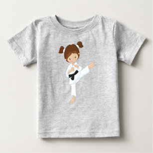 Camiseta De Bebé Chica Karate, Chica Cute, Pelo Marrón, Cinturón Ne