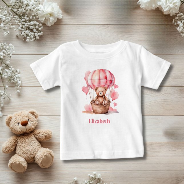 Camiseta De Bebé Chica rosa de globo aerostático de Teddy Bear Pers (Teddy Bear Hot air balloon Pink Baby Toddler Girl Personalized T-shirt)